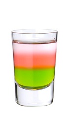 The Passion Killer shot is made from Midori melon liqueur, passionfruit liqueur and silver tequila, and served in a chilled shot glass.