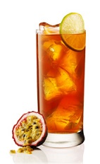 The Passionfruit Iced Tea is an orange drink made from Beefeater gin, English breakfast tea, passionfruit syrup and lime, and served over ice in a highball glass.