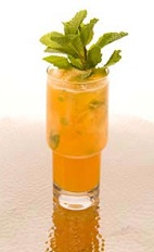 The Passionfruit Pineapple Caipirinha drink recipe combines the flavors of Leblon cachaca, passion fruit puree, lime, mint and pineapple into a wonderful tropical cocktail served over ice in a highball glass.