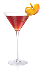 The Peach Diva cocktail is made from Stoli Peachik peach vodka, red sweet vermouth and maraschino liqueur, and served in a chilled cocktail glass.
