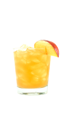 The Peaches and Cream is a yellow drink made from Smirnoff whipped vodka, peach schnapps, peach puree and sweet & sour mix, and served over ice in a rocks glass.