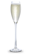 The Peachtree Belini is a clear colored cocktail made from peach schnapps and champagne, and served in a chilled wine glass.