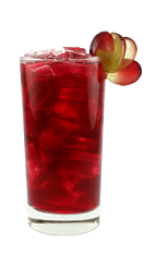The Peachy Fruit Cocktail is a red colored drink made from Smirnoff peach vodka, cherry liqueur, red grape juice, apple juice and lemon juice, and served over ice in a highball glass.