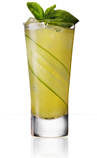 The Pepino is a yellow colored drink recipe made from 901 Silver tequila, triple sec, agave nectar, pineapple juice, lime juice and cucumber, and served over ice in a highball glass garnished with cucumber and basil.