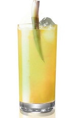 The Pina Coronado is a yellow drink made from Patron tequila, lemon juice, pineapple juice, elderflower liqueur, vanilla syrup and club soda, and served over ice in a collins glass.