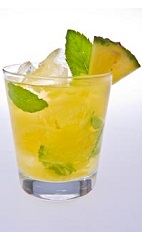 The Pineapple Mint Caipirinha brings together the woody flavors of mint and the tropical tang of pineapple to form a very relaxing drink for any season of the year. An orange colored cocktail made from Leblon cachaca, mint, pineapple and simple syrup, and served over crushed ice in a rocks glass.