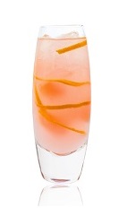 The Pink Pamp is a pink colored drink made from Joseph Cartron pink grapefruit liqueur, chilled rosé wine, lemonade and grapefruit, and served over ice in a highball glass.