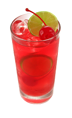 The Pomegranate Cherry Limeade is a red colored drink made from Smirnoff pomegranate vodka, lemonade, lemon-lime soda, cherry syrup and lime, and served over ice in a highball glass.