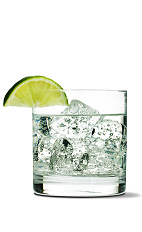 The Pucker Up drink recipe is made from UV Citrus vodka, tonic water and lime, and served over ice in a rocks glass.