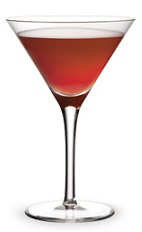The Raspberry Creek Martini is a red drink made from raspberry schnapps, bourbon and sour mix, and served in a chilled cocktail glass.