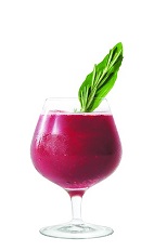 The Raspberry and Herb Sangria cocktail is a savory red colored drink made from VeeV acai spirit, red wine, cranberry juice, raspberry puree, vanilla extract and herbs, and served in a brandy snifter or wine glass.