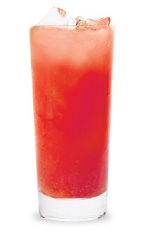 The Raspberry Creamsicle is a red drink made from raspberry schnapps, vanilla liqueur, cream and club soda, and served over ice in a highball glass.