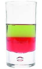 The Red Eye is a green and red layered shot made from Green Chartreuse and grenadine, and served in a chilled shot glass.