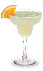 The Rio Margarita drink is made from tequila, orange liqueur, lime juice and agave nectar, and served in a chilled margarita glass.