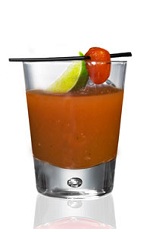 The Road to Jalisco is a red colored drink made from Patron tequila, bloody Mary mix and jalapeno, and served over ice in a rocks glass.