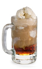 The Root Beer Freeze is a brown colored drink made from DeKuyper root beer schnapps, vanilla ice cream and cola, and served in a large mug.
