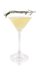 The Rosemary Holiday Cup is a yellow Christmas cocktail made from Patron tequila, Pernod, simple syrup, rosemary and cloves, and served in a chilled cocktail glass.