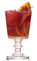 The S and V cocktail recipe is a red colored drink made from Clement Premiere Canne rum, Creole Shrubb orange liqueur, ruby port wine and lime juice, and serve din a chilled cocktail glass.