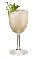 The San Tropez cocktail is made from Chambord flavored vodka, lime juice, simple syrup, mint leaves, cucumber, heavy cream and ginger ale, and served in a chilled wine glass.