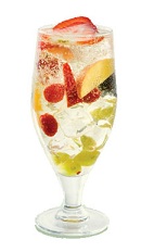 The Sangria Flora drink is made from white wine, St-Germain elderflower liqueur, peaches, strawberries, raspberries and grapes, and served over ice in chilled glasses.