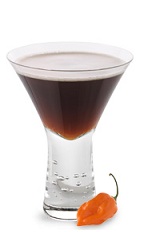 The Sassy Manhattan is a spicy brown cocktail made from chocolate chili liqueur and bourbon, and served in a chilled cocktail glass.