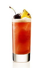 The Singapore Sling is a classic cocktail made famous at the Long Bar in the Raffles Hotel, in Singapore. A red drink made from gin, cherry liqueur, Cointreau orange liqueur, grenadine, pineapple juice, lemon juice, bitters and club soda, and served over ice in a highball glass.