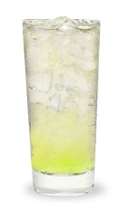 The Sour Apple Fizz is made from Pucker sour apple schnapps and lemon-lime soda, and served over ice in a highball glass.