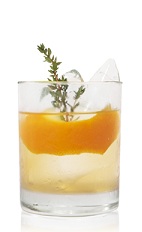 The South Beach Old Fashioned is an orange drink made from Patron tequila, aperol, orange bitters and thyme, and served over ice in a rocks glass.