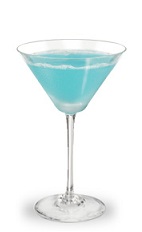 The Sparkling Glacier is a cool blue cocktail made from blue curacao, triple sec, sour mix, orange vodka and champagne, and served in a chilled cocktail glass.