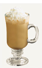 The Spiced Coffee drink recipe is a brown colored dessert cocktail made from Burnett's pumpkin spice vodka, coffee, cream and whipped cream, and served in a warm Irish coffee glass.
