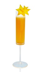 The Spring Bliss is an orange cocktail made from Patron tequila, grapefruit juice, passion fruit juice, lime juice and simple syrup, and served in a chilled champagne glass.