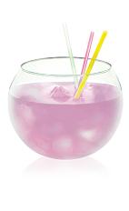 The Stiletto Sangria is a pink drink made from Hpnotiq Harmonie, white wine and club soda, and served over ice in a rocks glass.