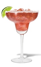 The Strawberry Jim Margarita is an exciting red cocktail made from El Jimador tequila, strawberry puree, sour mix and Sprite, and served over ice in a salt-rimmed margarita glass.