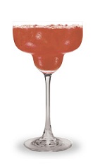 The Strawberry Margarita is a red cocktail made from triple sec, strawberry schnapps, tequila and sour mix, and served in a margarita glass.