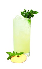 The Superfruit Cider drink recipe is made from VeeV acai spirit, brandy, apple cider, ginger ale, mint and apple, and served over ice in a highball glass.