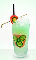 The Tampisco Bay cocktail is a somewhat spicy drink recipe is made from Fontana Pisco, cucumber juice, agave nectar, jalapeno and red bell pepper, and served over ice in a highball glass.
