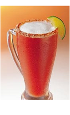 The Tequila Red Fizz is a bubbly red colored drink made from Clamato tomato cocktail, tequila, Rose's lime, Worcestershire sauce and club soda, and served in a spice-rimmed beer glass.