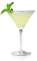 The Horseman is a yellow colored cocktail made from New Amsterdam vodka, pineapple juice, lemonade and mint, and served in a chilled cocktail glass.