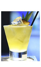 The Majestic cocktail recipe is made from Boca Loca cachaca, yellow Chartreuse, simple syrup, lime juice, orange bitters and pineapple, and served over ice in a rocks glass.