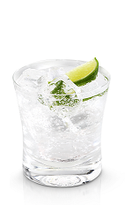 The Smoothest Gin and Tonic is a clear colored drink made from New Amsterdam gin, tonic water and lime, and served over ice in a rocks glass.