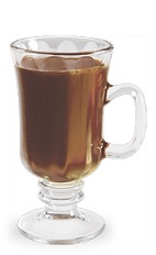 The Thrilla Java is a brown drink made from DeKuyper vanilla liqueur, hot coffee and sugar, and served in an Irish coffee glass.