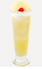 The Strawberry Banana Paradise drink recipe is made from Burnett's strawberry banana vodka and pineapple juice, and served over ice in a Collins glass.