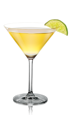 The Tropix Breeze is a yellow colored cocktail recipe made from Tropix liqueur, SKYY vodka, pineapple juice and lime, and served in a chilled cocktail glass.