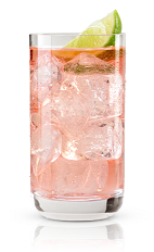 The Tuesday Tonic is a refreshing pink colored drink made from New Amsterdam gin, tonic water, cranberry juice and lime, and served over ice in a highball glass.