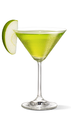 The Appletini cocktail recipe is made from UV apple vodka and sour mix, and served with an apple wedge in a chilled cocktail glass.
