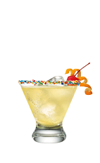 The Upside Down Cake drink is made from Smirnoff Iced Cake vodka, orange juice, pineapple juice and club soda, and served in a sprinkle-decorated rocks glass.