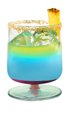 The Upside Down Hpnotiq is a blue drink made from Hpnotiq liqueur, vodka, pineapple juice and grenadine, and served in a rocks glass.