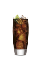The VooDoo Doctor is a brown colored drink made from SoCo Fiery Pepper and Dr. Pepper soda, and served with lime over ice in a highball glass.