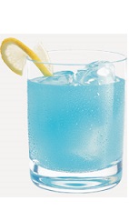 The Will Rogers cocktail recipe is a blue colored drink made from Burnett's gin, orange juice, dry vermouth and blue curacao, and served over ice in a rocks glass.