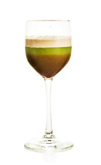 The XO Parfait is a multi-colored drink made from Patron XO Cafe liqueur, patron tequila, pistachio syrup and whipped cream, and served in a chilled dessert wine glass.